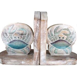 Coastal Blue Crab Wooden Whitewash Bookends Library Desk Decor